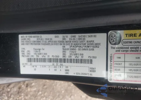 2019 Ford Fiesta S из США, поврежденный, VIN 3FADP4AJ1KM110282